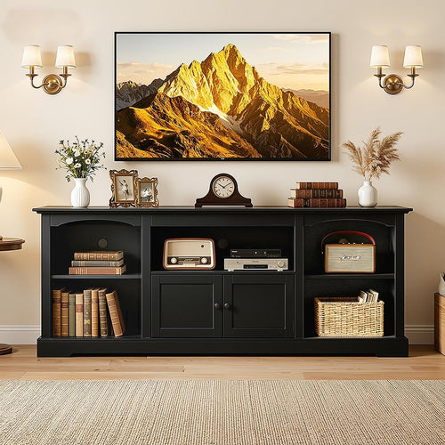 LUCKLIFE 71" TV Stand for TVs up to 80 Inch,Modern Farmhouse Entertainment Center with Arched Cabinet Doors & Open Adjustable Storage Shelves,Media Console Table for Living Room (Black, 71 inch)