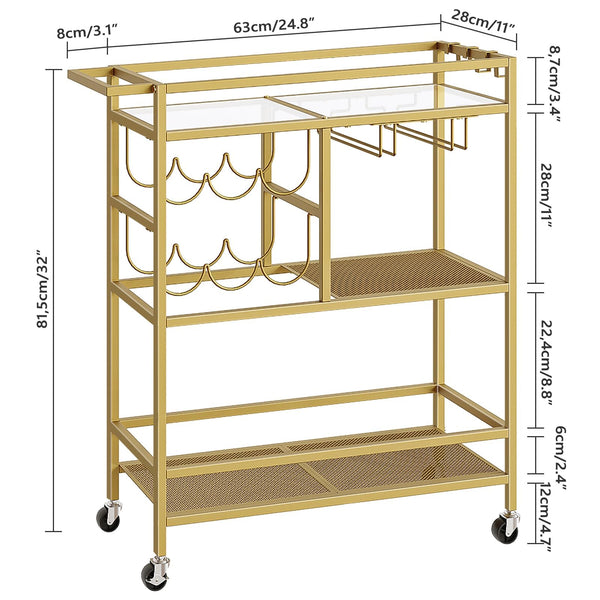 3-Tier Rolling Bar Cart with Wine Rack & Glass Holders