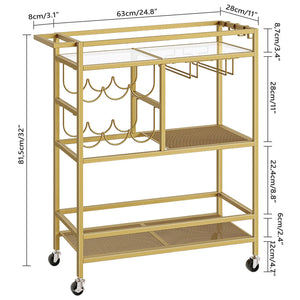 3-Tier Rolling Bar Cart with Wine Rack & Glass Holders