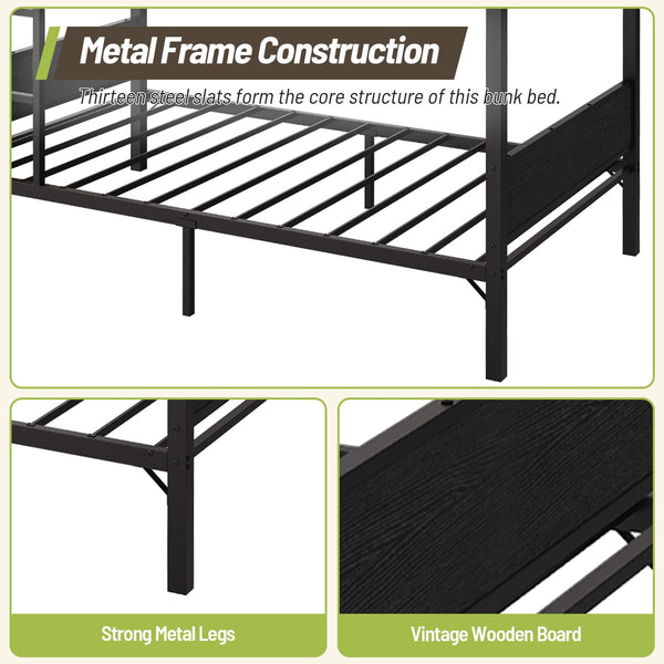 Twin Over Twin Metal Bunk Bed with Clothes Rail & Guardrail