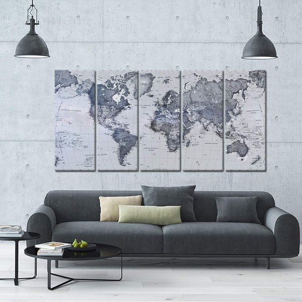 World Map Canvas Wall Art – 5 Panel Set 16x40in