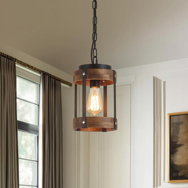 Rustic Farmhouse Wood & Metal Pendant Light Fixture