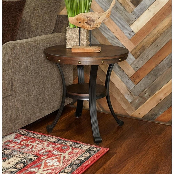 Round Wood & Metal End Table with Shelf