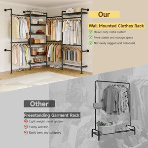 Wall Mounted Industrial Pipe Clothing Rack with 6 Rods & 8 Shelves