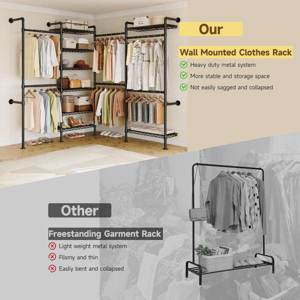 Wall Mounted Industrial Pipe Clothing Rack with 6 Rods & 8 Shelves
