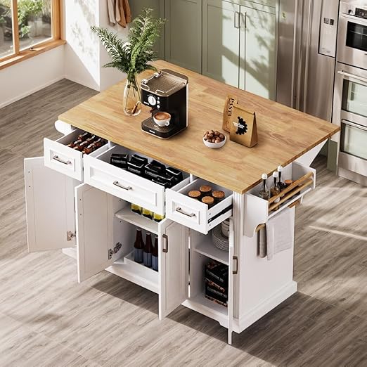54" Rolling Kitchen Island with Drop Leaf & Storage Drawers