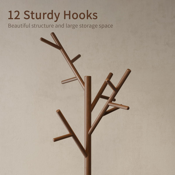 Freestanding Wood Coat Rack Tree with 12 Hooks