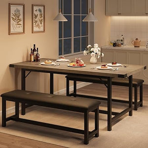 3-Piece Extendable Dining Table Set with 2 Upholstered Benches