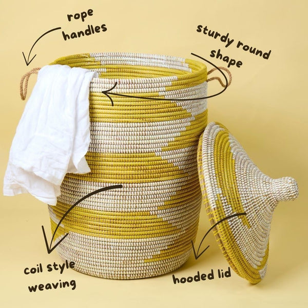 Wicker Storage Basket with Lid – Yellow & White Woven Round Hamper