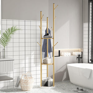 Gold Metal Coat Rack with Shelves & Marble Base