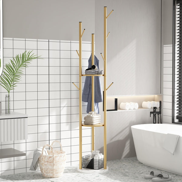 Gold Metal Coat Rack with Shelves & Marble Base
