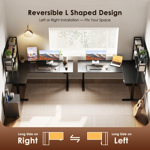 L-Shaped Electric Standing Desk 63 Inch with Storage Shelf