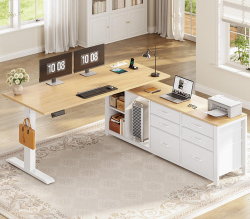L-Shaped Electric Standing Desk with Drawers & Power Outlet