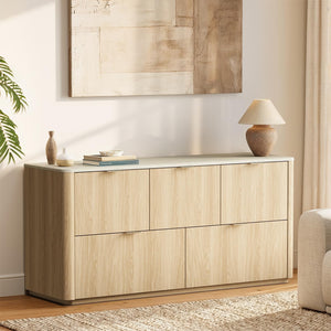 5-Drawer Wide Dresser with Faux Travertine Top