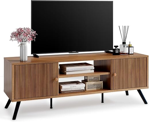 Mid-Century Modern TV Stand with Fluted Door Cabinets