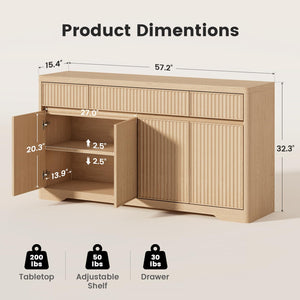 57" Fluted Buffet Cabinet with Storage – Sideboard Credenza with Drawers & Doors