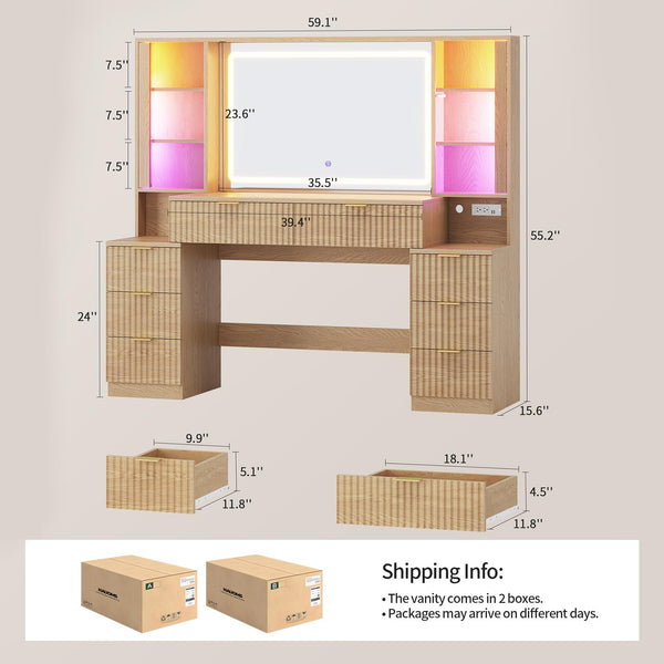 Large Makeup Vanity Desk with LED Mirror, 8 Drawers & Charging Station
