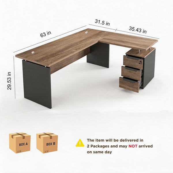 L-Shaped Executive Desk with Drawers & Power Outlet, 63"