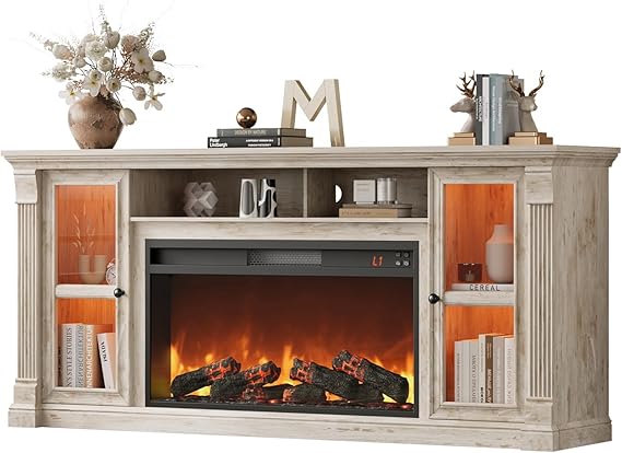 70" Farmhouse TV Stand with 36" Electric Fireplace & LED Lights