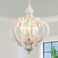 5-Light Farmhouse Chandelier – Distressed White, Rustic Wood, Adjustable Height