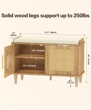 Rattan Shoe Storage Bench with Cushion & Adjustable Shelves