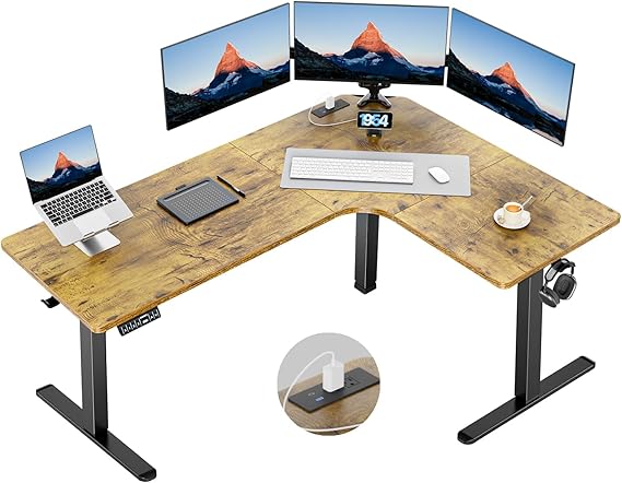 L-Shaped Electric Standing Desk with Built-In Power Outlets