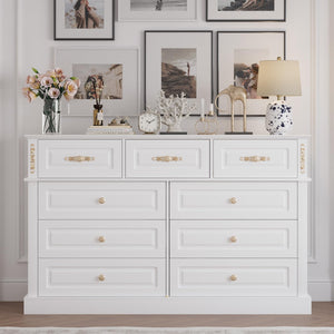 9-Drawer Dresser with Gold Knobs – Wide Bedroom Storage Chest