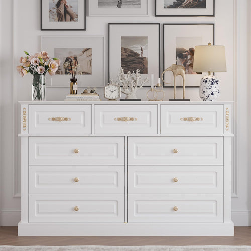 9-Drawer Dresser with Gold Knobs – Wide Bedroom Storage Chest