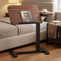 COMHOMA Tiltable Mobile Small Standing Desk, Pneumatic Adjustable Height Overbed Bedside Table with Wheels, Sit Stand Portable Rolling Laptop Desk Computer Workstations, Walnut