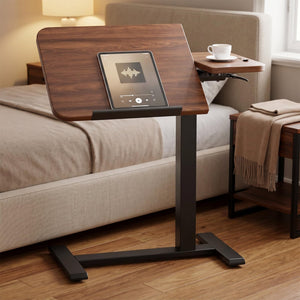 COMHOMA Tiltable Mobile Small Standing Desk, Pneumatic Adjustable Height Overbed Bedside Table with Wheels, Sit Stand Portable Rolling Laptop Desk Computer Workstations, Walnut