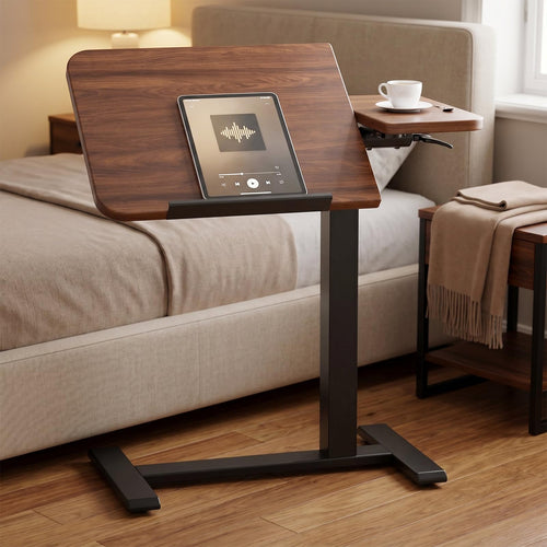 COMHOMA Tiltable Mobile Small Standing Desk, Pneumatic Adjustable Height Overbed Bedside Table with Wheels, Sit Stand Portable Rolling Laptop Desk Computer Workstations, Walnut