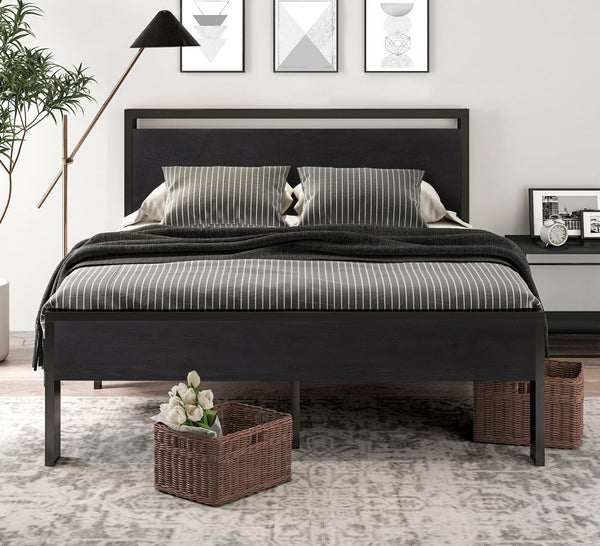 Metal Platform Bed Frame with Wooden Headboard & Footboard