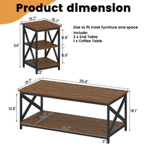 Industrial X-Design Coffee Table Set of 3 with Storage