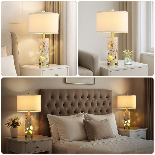 Stone Table Lamp with Night Light & USB Ports – Set of 2