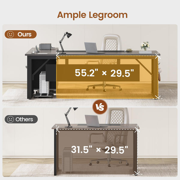 L-Shaped Executive Desk with Rolling File Cabinet & Power Outlets
