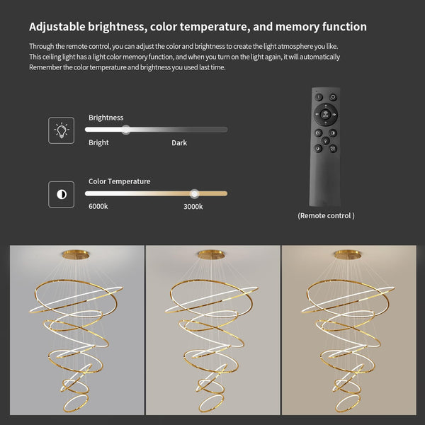 9-Ring LED Pendant Chandelier with Remote Dimming – 55 Inch Multi-Ring Ceiling Light