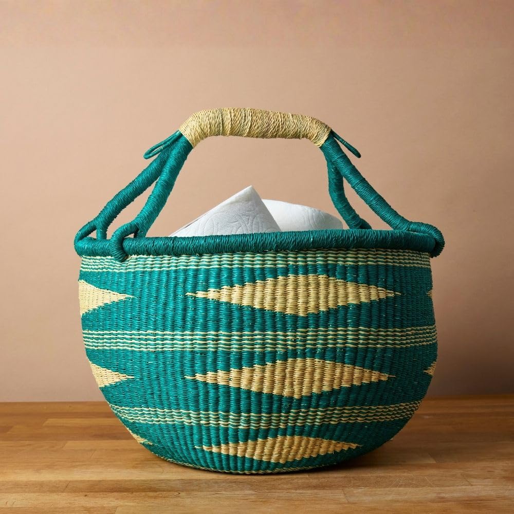 Round Wicker Storage Basket with Handle – Boho Elephant Grass Weave