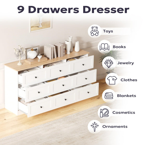 9 Drawer Dresser 59" Wide – Chest of Drawers with Metal Handles