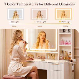 Fluted Makeup Vanity Desk with LED Mirror & Power Strip
