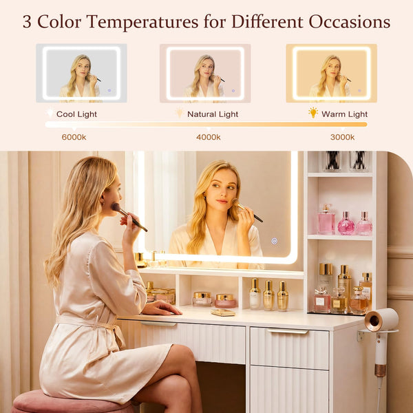 Fluted Makeup Vanity Desk with LED Mirror & Power Strip