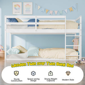 Twin Over Twin Low Bunk Bed with Full Guardrails