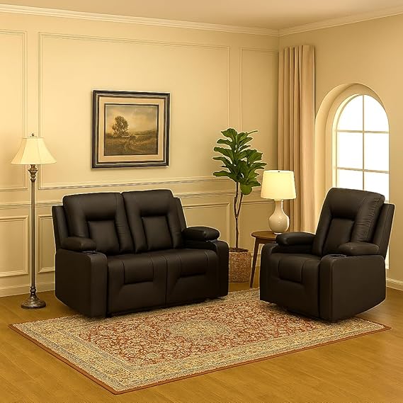 Black Faux Leather Recliner Sofa Set with Cup Holders