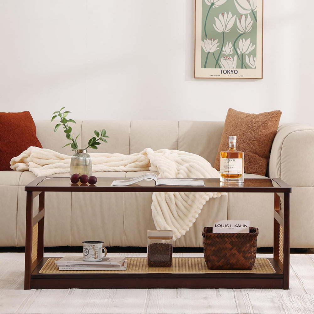 Rattan Glass Coffee Table with Storage Shelf