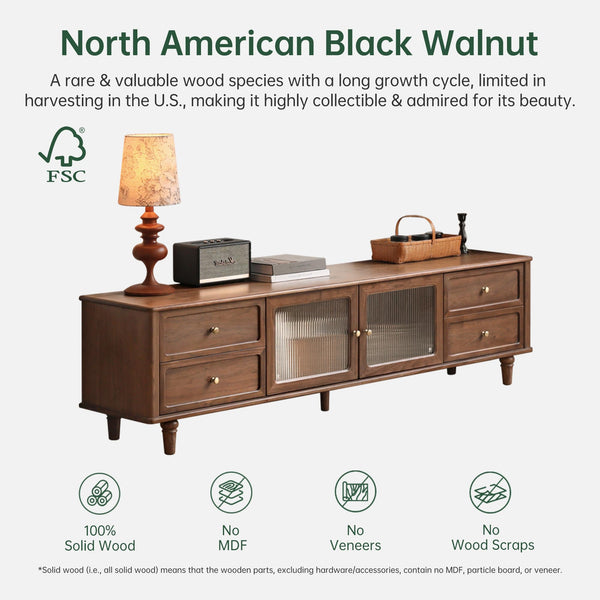 Solid Walnut Wood TV Stand – Mid-Century Modern Media Console with Storage