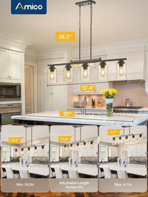 Farmhouse Chandelier with Seeded Glass Shade | Adjustable Kitchen Island Pendant Light