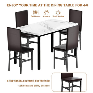 Dining Table Set for 4 with Faux Marble Top & Leather Chairs