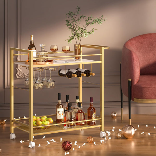 2-Tier Rolling Bar Cart with Wine Rack