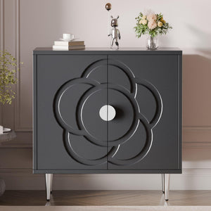Wood Sideboard Buffet Cabinet with Decorative Flower Pattern Doors