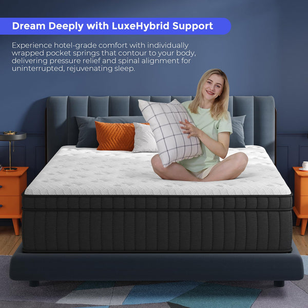 Queen Hybrid Mattress 10 Inch – Pillow Top, Pocket Spring & Memory Foam