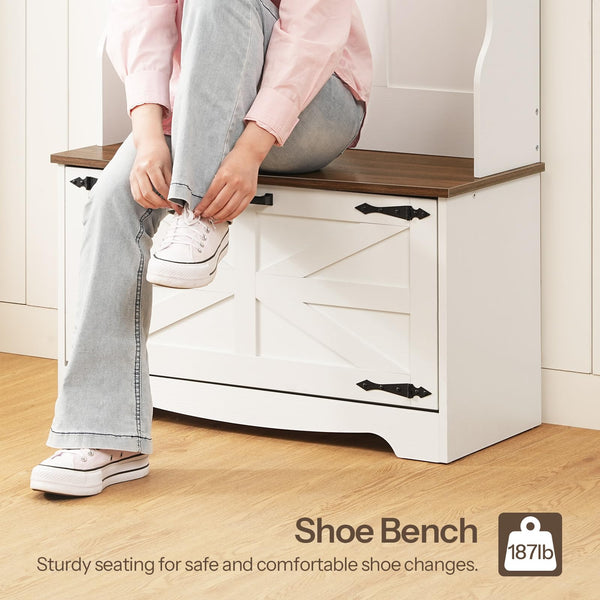 Farmhouse Hall Tree with Bench, Coat Rack & Shoe Cabinet – 31.5"L x 13.8"W x 65.7"H